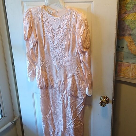 Vintage Jessica McClintock Pink Lightweight Lace and Satin Maxi Dress - Picture 1 of 15